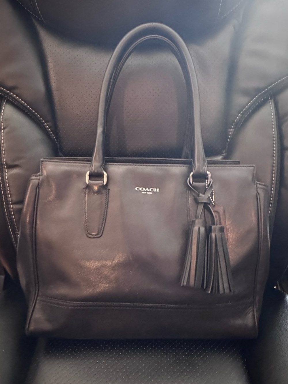 Coach Black Leather Tote with Tassel